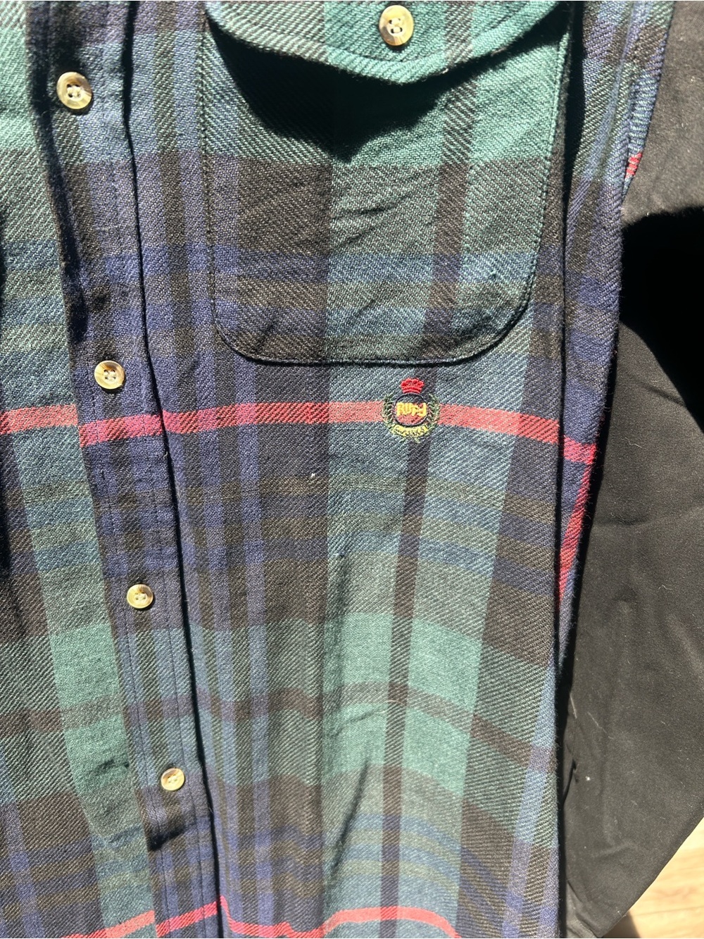 Ruff Hewn Green & Black Plaid Button-Up Jacket with Crest